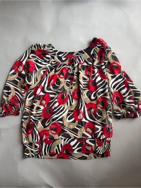Vintage 1960s Eastern European Red & Black Abstract Print Blouse